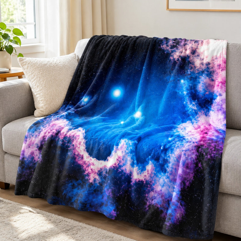 Galaxy Space Flannel Throw Blanket - Nebula Pattern, Blue and Pink, Ultra Soft, Lightweight, Breathable, All-Season, Skin-Friendly, Decorative, for Sofa, Couch, Living Room Bedroom
