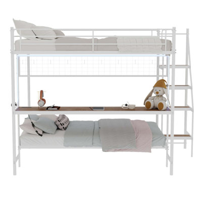 Lit superposé double au-dessus de simple avec bureau encastré et éclairage à DEL - Loft peu encombrant pour enfants et adolescents, structure robuste, assemblage facile, parfait pour les chambres à coucher et les dortoirs (sans matelas)