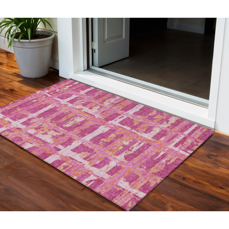 3' X 5' Blush Pink And Orange Striped Washable Indoor Outdoor Area Rug