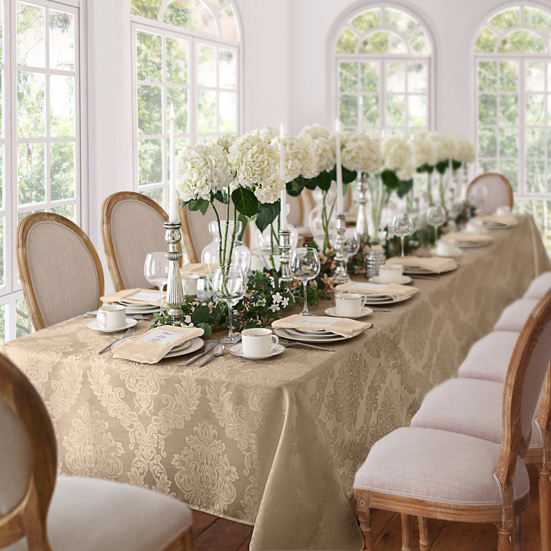 Barcelona Beige Jacquard Damask Stain Resistant Rectangular Tablecloth