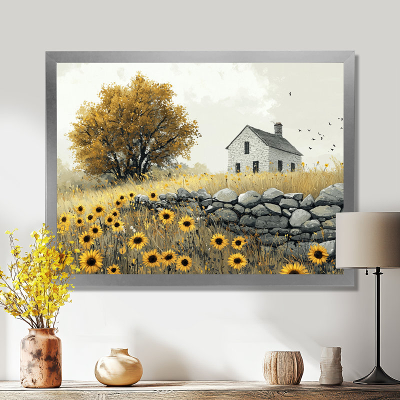 Doni Barn Sunflowers and The Stone Wall II - Art mural tournesols, H 24 po x l 32 po, Reproduction encadrée d'une seule photo