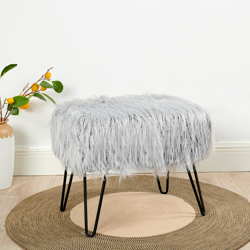 Keilia Upholstered Ottoman, Silver Cloud Faux Fur