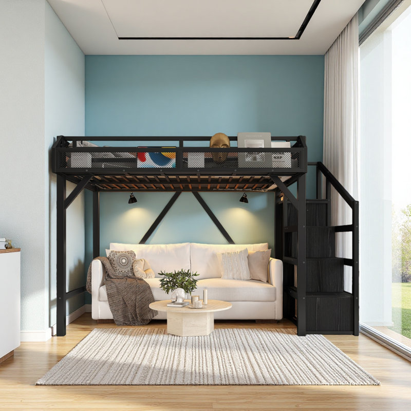 Twin XL Loft Bed With Storage Stairs, Shelves And Built-In Wardrobe, Metal Loft Bed Frame With USB Ports And LED Lights