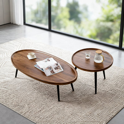 2-Piece Walnut Nesting Coffee Table Set, Mid Century Modern Stackable Side End Table with Metal Frame, Space-Saving Accent Table for Living Room, Bedroom, Balcony & Small Spaces