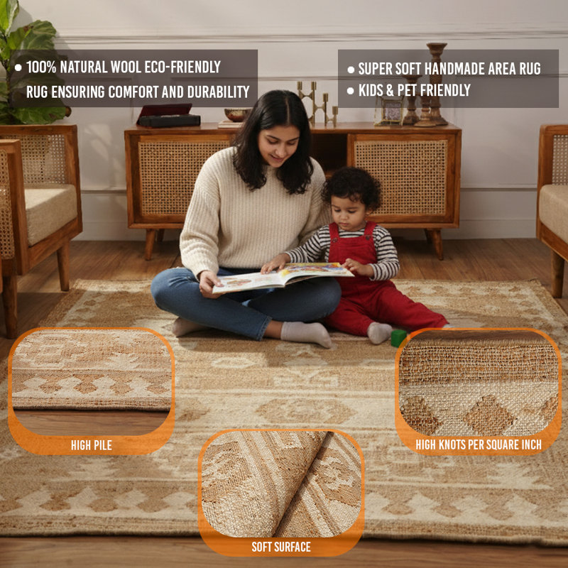 Torbert Hand Woven Flat Weave Kilim Jute Eco-Friendly Solid Area Rugs - 5' x 8', Rectangle, White Beige Color, Oriental Design, Low Pile, Natural Fiber, Outdoor Indoor Handmade Area Rugs for Living Room, Bed Room