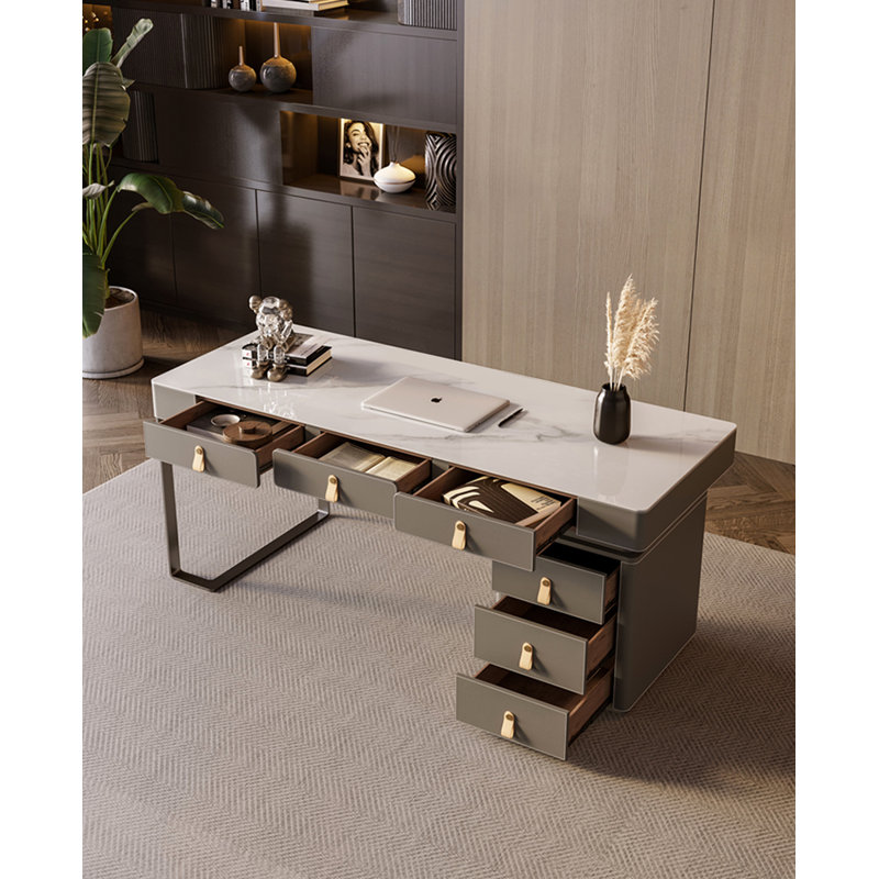 Modern Luxury Sintered Stone Desk with Multiple Drawers & Gold Handles, 29.53" H x 55.12" W x 27.56" D
