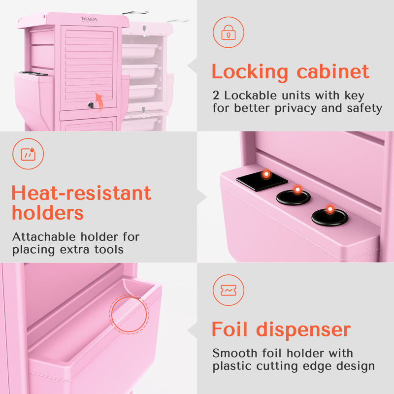 Pink Multifunctional Lockable Utility Cart with 6 Drawers