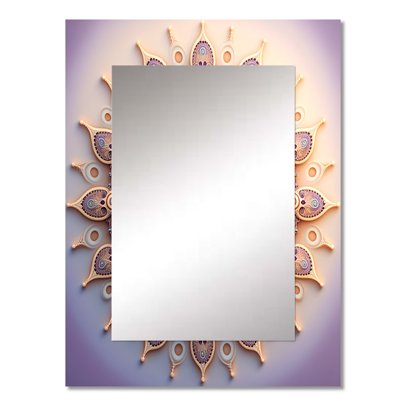 Ethereal fractal mandal en mauve et jaune I - Boho Mandala unique miroir, grand miroir mural traditionnel, impression d'art en métal