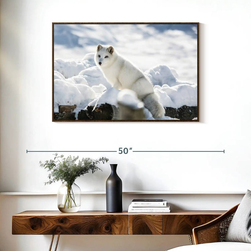 Renard arctique, 37 po x 25 po, Cadre flottant noyer