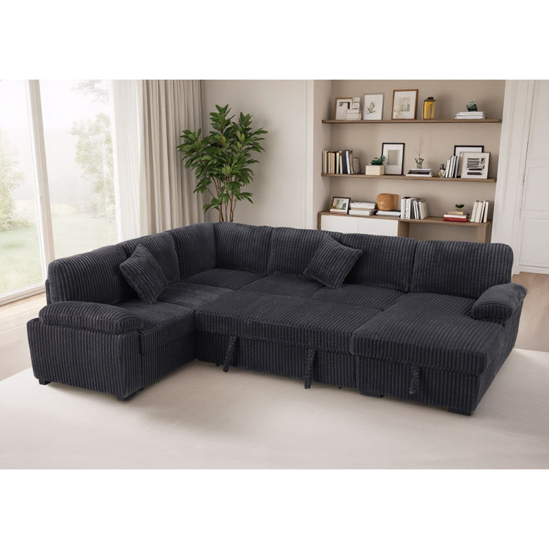 4 Piece Upholstered Corduroy  U-Shape Sectional Sleeper Sofa Bed(Pull Out Style) With Storage Space