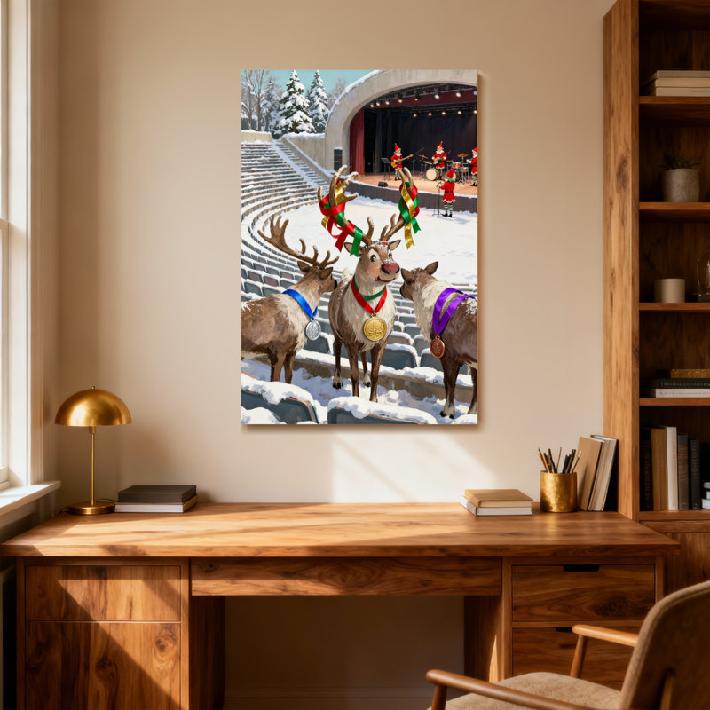 Renne de Noël avec médailles dans l'amphithéâtre enneigé, H 36 po x l 24 po