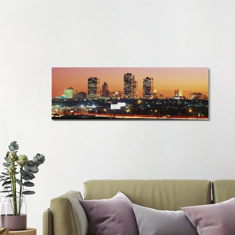Buildings Lit Up at Dusk, Fort Worth, Texas, USA 1 Piece Wrapped Canvas Panoramic Wall Art