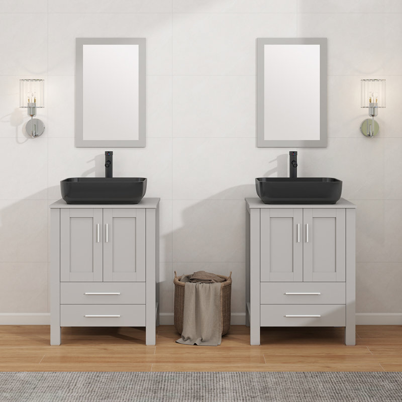 Ensemble de meuble-lavabo simple 24 "avec miroir, Gris, Noir