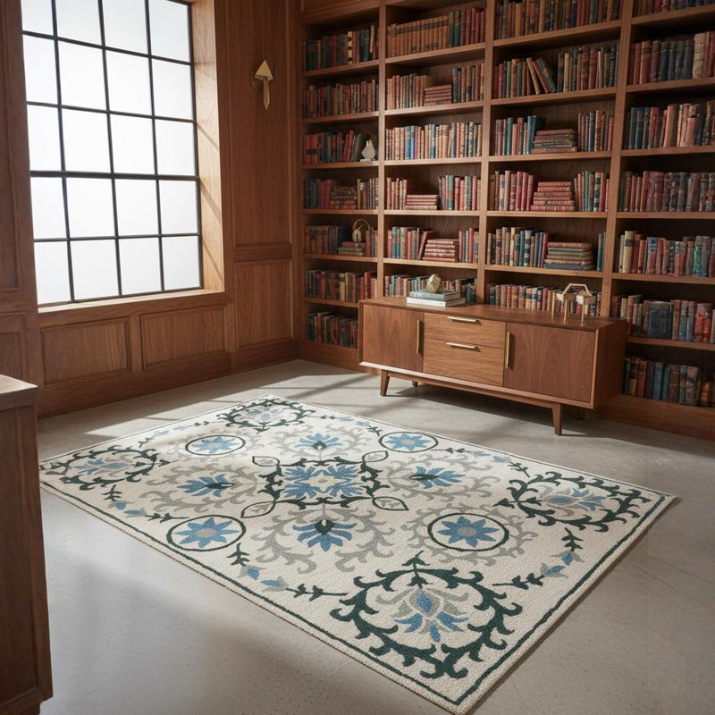 Tapis en laine à motif floral médaillon transitionnel crème, bleu sarcelle foncé, gris et bleu Hocker Authentic