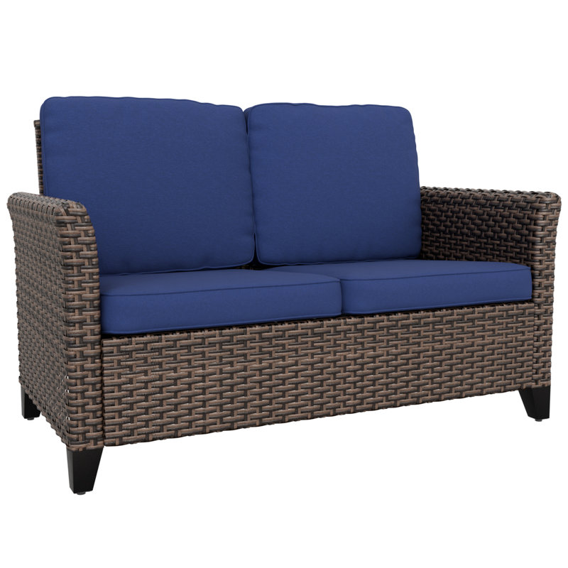 Powder Coated Black Steel Two-Seater Wicker Loveseat with Blue Cushions