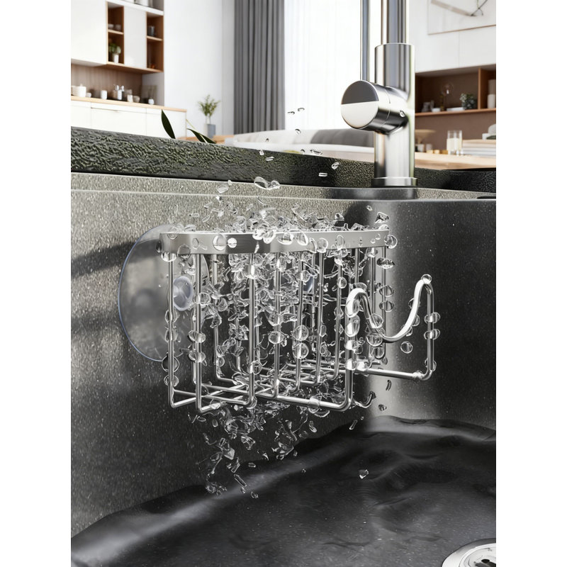 Organisateur multifonctionnel d'évier de cuisine en forme de M avec installation double, support en éponge antirouille pour brosses, bouchons d'évier et grattoirs