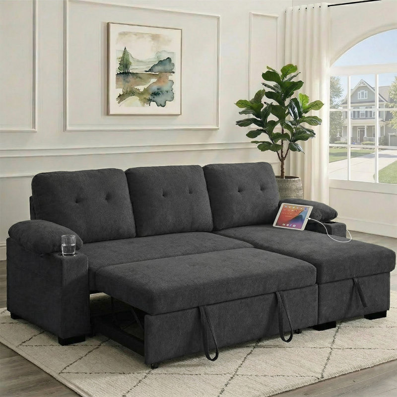 Canapé-lit modulaire de 95 po avec lit escamotable, canapé convertible en forme de L avec méridienne réversible, ports USB, porte-gobelets et table d'appoint pour salon, appartement