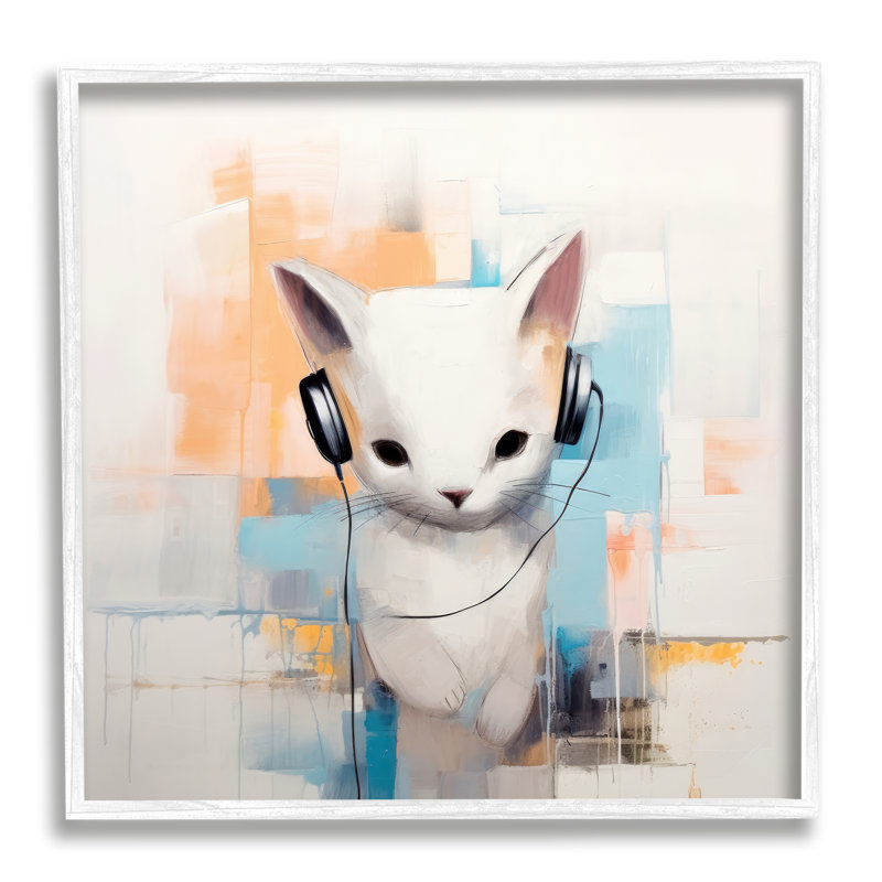 Az-117-Chat abstrait avec un casque abstrait, Giclée encadrée blanc bord de mer, H 17 po x l 17 po x P 1,5 po