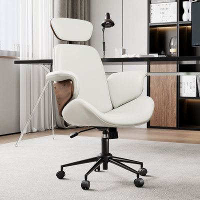 Modern PU Leather Home Office Chair with Wheels & Adjustable Height, White