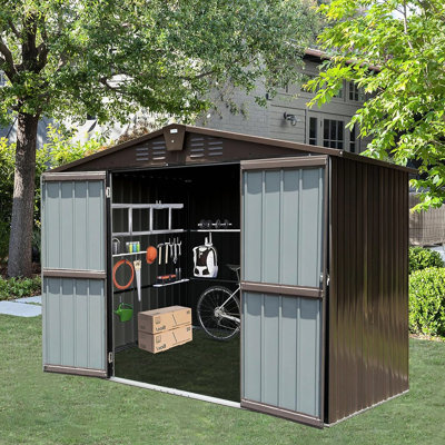 Remise de rangement d'extérieur 10 pi x 8 pi en métal brun avec construction stable et double porte verrouillable, grand acier galvanisé imperméable, serrure de porte imperméable pour jardin, pelouse