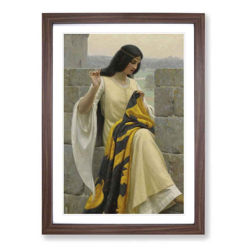 Stitching the Standard by Edmund Leighton - Picture Frame Painting, Walnut Framed, 36cm H x 27cm W x 2cm D