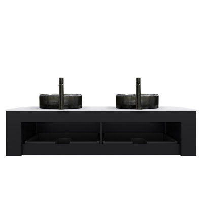 Modern 60" Bathroom Vanity With Dual Glass Sinks, Black Wall-mounted Cabinet