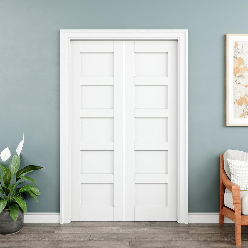48x80 5 Panel Solid Core Double Pocket Doors with Hardware Kit and Soft Close, Sliding Closet Doors, White Pantry Door, Sliding Pocket Door for Bathroom