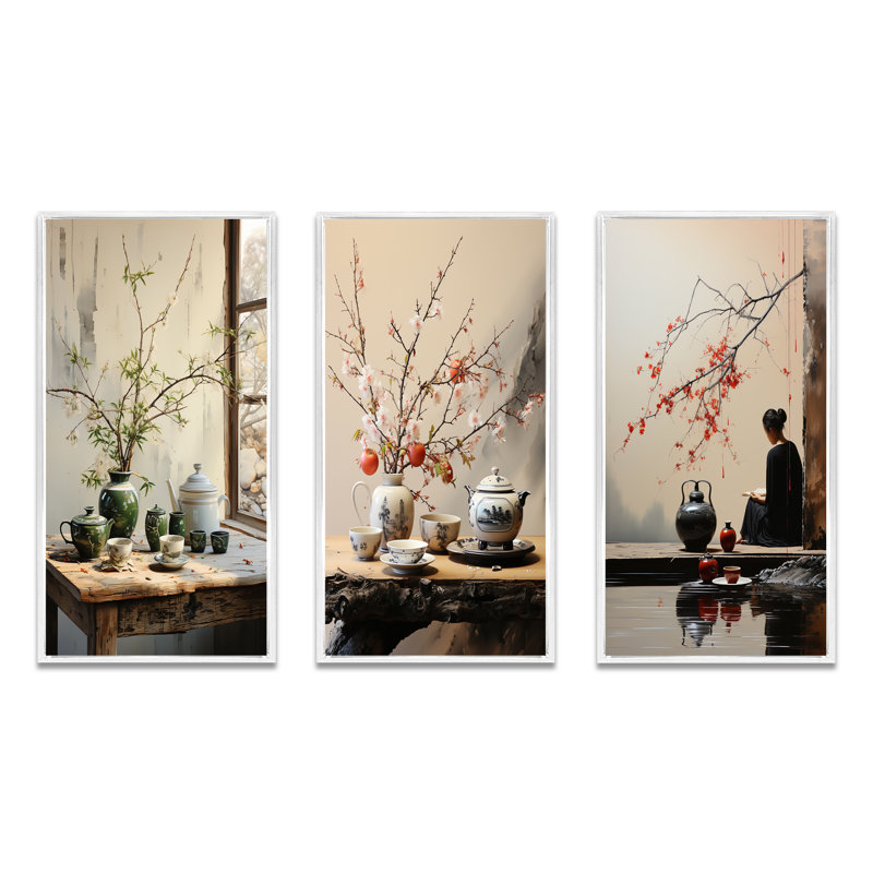 3 pièces sur toile - Cérémonie du thé Japon Art, Cadre blanc, H 40 po x l 60 po