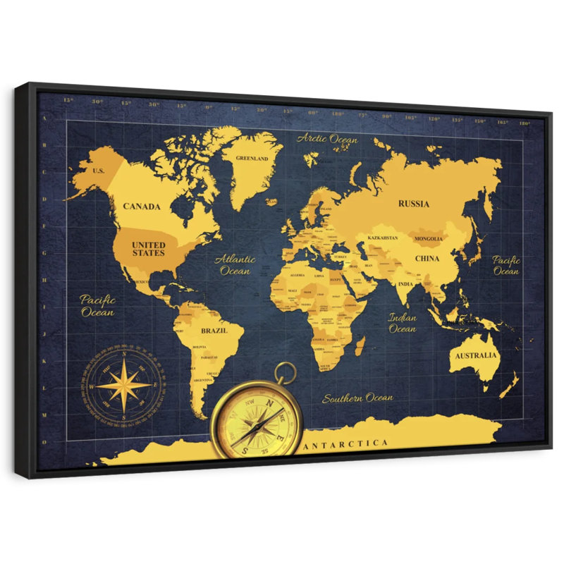 " Gold Compass World Map Canvas Print ", 9" H x 13" W
