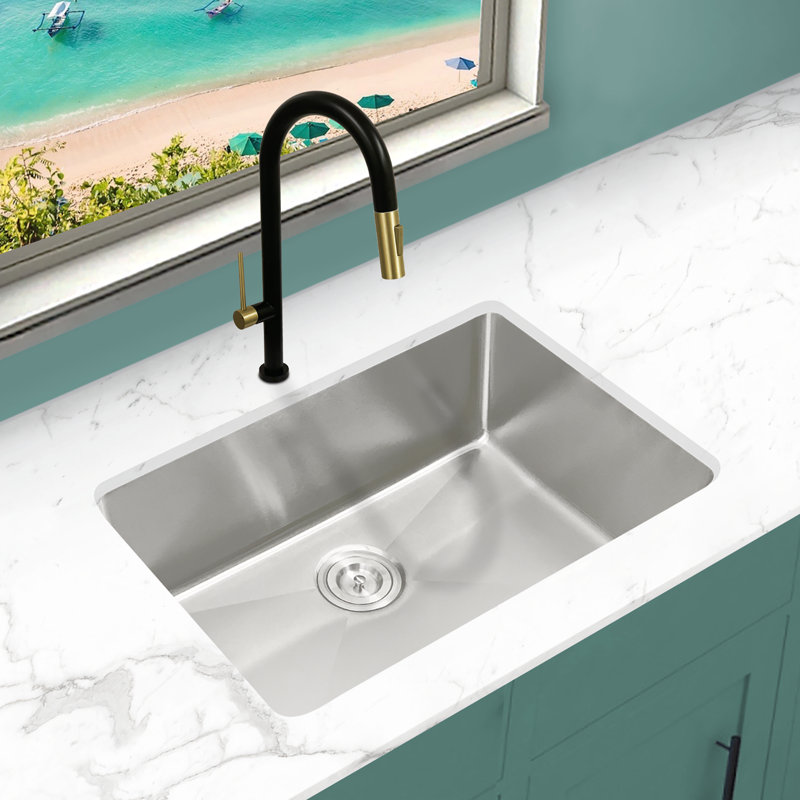 Évier de cuisine en acier inoxydable à double cuve étroite seulement KBFmore, Calibre 18, H 9 po x l 27 po x P 9 po