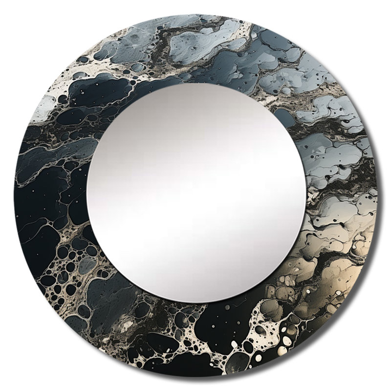 Black And White Liquid Ink River II - Abstract Liquid Ink Round Mirror Wall Decor_MTMIR114560, 29" x 29"