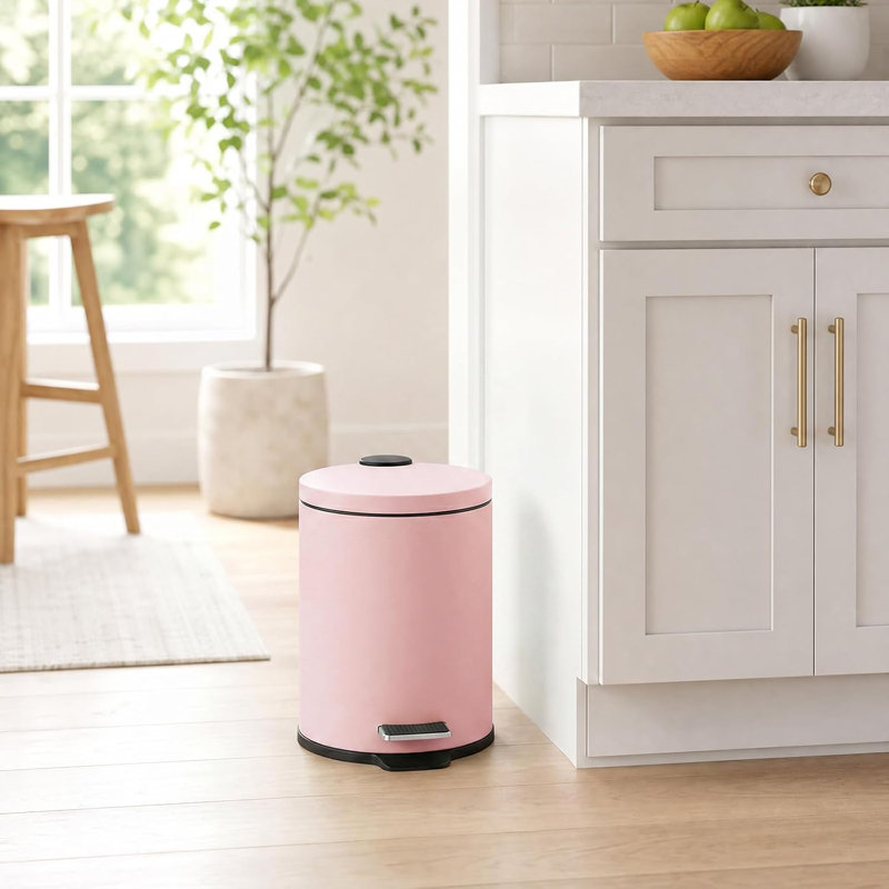 Poubelle de salle de bain ronde avec couvercle à fermeture en douceur 5 L / 1,3 gal | Pédale de marche, seau intérieur amovible, acier inoxydable brossé, pour bureau, chambre à coucher, toilette, salle de séjour, rose