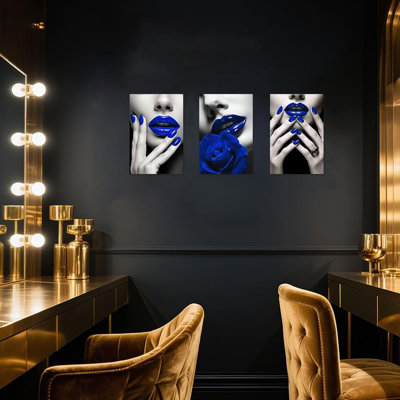 Lips Canvas Wall Art 3 PCS Woman Lip Pictures Fashion Manicure Poster Black and Blue Nail Painting for Makeup Room Beauty Salon Decor (blue,16W x24L x3)