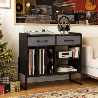Large Record Player Stand With Charging Station, 2 Fabric Drawers, Adjustable Shelf, Black