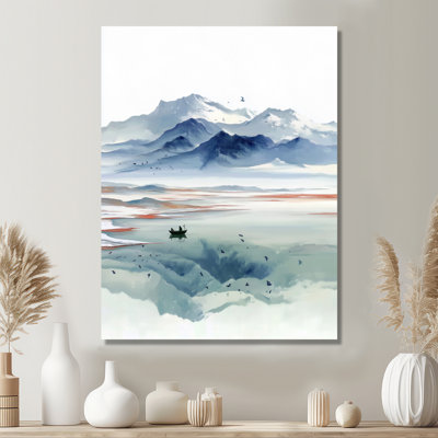 «Serene Landscape With Misty Mountains Fishing - Mountains Wall Art For Living, Blue Landscape», reproduction d'art sur toile