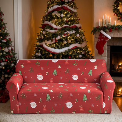 Housse de chaise extensible à motif Père Noël rouge et sapin de Noël, en microfibre, 140 cm de large, lavable à la machine