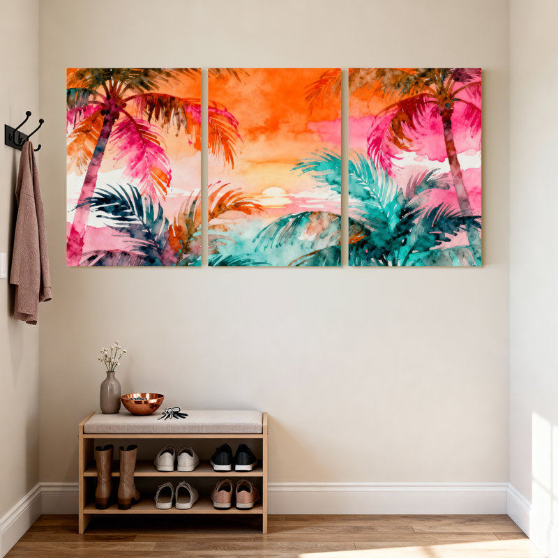 Palmiers, coucher de soleil tropical, palmiers, reflet de l'eau, ensemble de 3 impressions sur toile, H 18 po x l 36 po