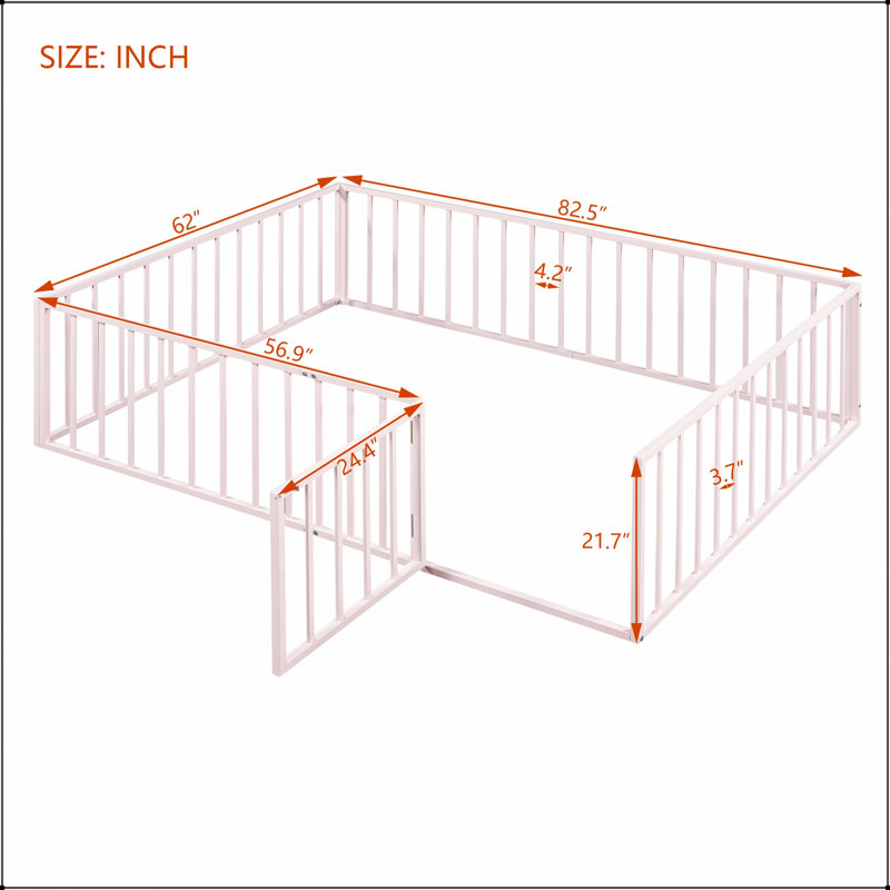 Queen Size Metal Floor Bed Frame With Fence And Door, Versatile And Durable For Modern Living, Pink