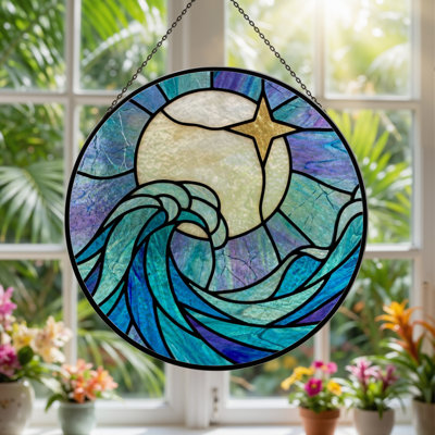 12"H Moon Wave Stained Glass Window Panel