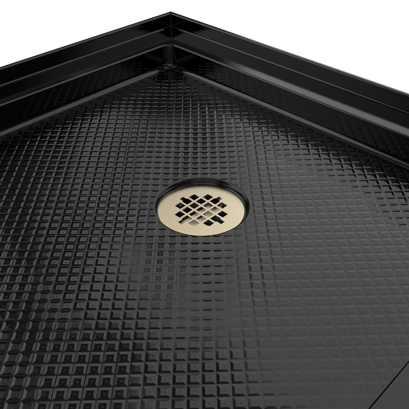 DreamLine SlimLine 34 inch D x 60 inch W x 2 3/4 inch H Single Threshold Black Alcove Shower Base with 2 inch Brushed Brass Right Round Drain