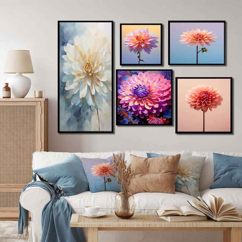 Ensemble de salon mural blanc et bleu Dahlia, Cadre flottant noir