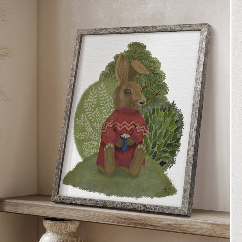 Lapin latte dans un chandail, reproduction encadrée - bois massif