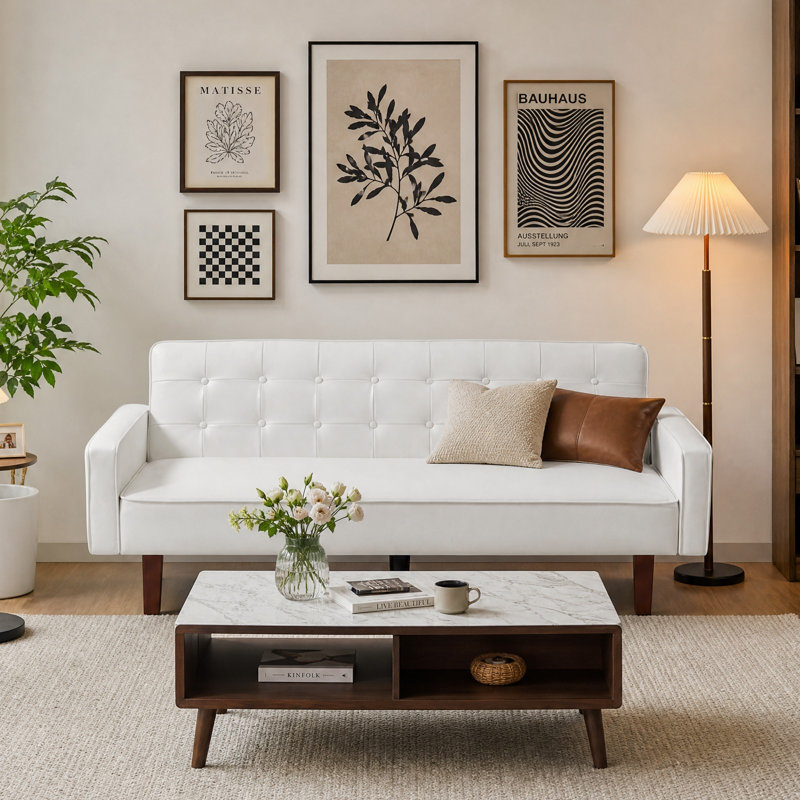 PU Futon Sofa Couch For Living Room Convertible Faux Leather Upholstered Futon Sleeper Sofa Bed Channel Tufted Bedroom Futons With Solid Wood Legs For Small Spaces