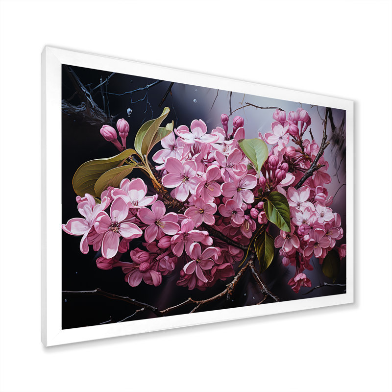 Noir, énigme, charme lilas rose sur toile, Cadre simple blanc, H 34 po x l 44 po x P 1,5 po