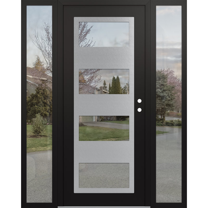 Porte d'entrée avant prémontée à 2 panneaux latéraux en acier argenté noir / noir, Gauche, Clair, L 61,69 po x H 81,69 po