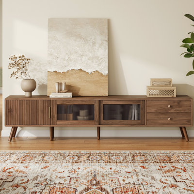 Meuble télé pour téléviseur de 70 à 85 po, console de 76 po avec portes coulissantes en verre, tiroirs profonds et matériaux de qualité supérieure
