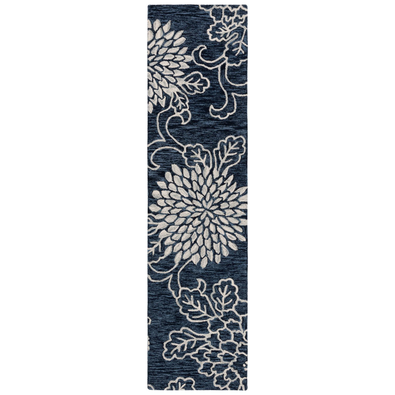 Tapis bleu marine / ivoire Jardin 602, Tapis de couloir 2 pi 3 po x 9 pi
