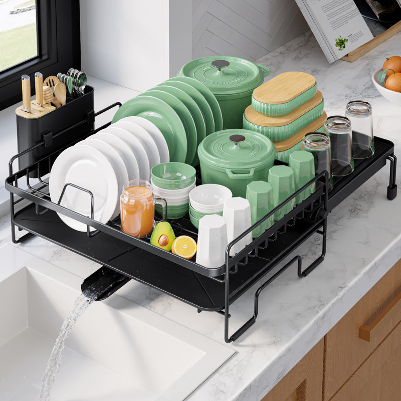 Extendable Dish Drying Rack - Adjustable Length 12.8"–21.0", Auto-Draining Dish Rack for Kitchen Counter, Rust-Resistant Metal Frame Over-Sink Support for Plates, Bowls & Utensils, Black