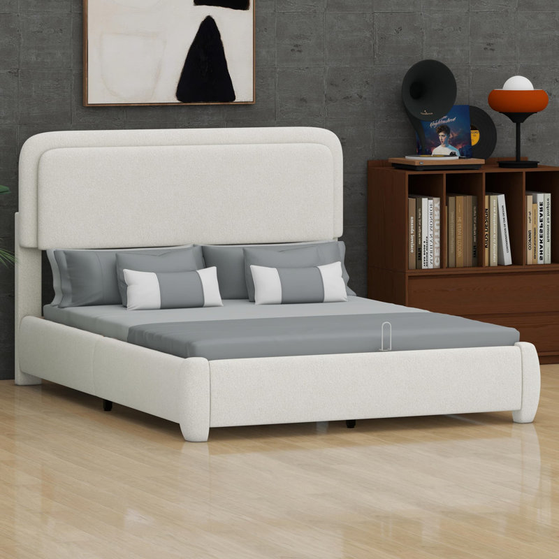 Modern Platform Bed with Customizable Curved Cloud Headboard and Bouclé Upholstery