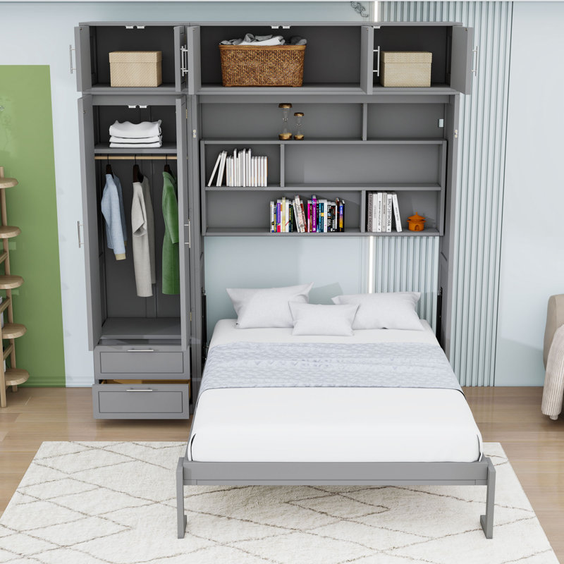 Lit escamotable en bois avec armoire, armoire, tablettes et tiroirs, gris